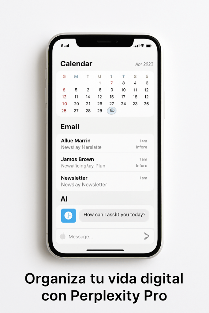 Interfaz de Perplexity Pro que muestra gestión de calendario y correos electrónicos, facilitando la organización digital.