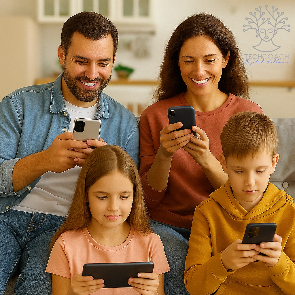 Familia usando dispositivos móviles con atención, ilustrando el acompañamiento digital y el control parental en un entorno positivo.