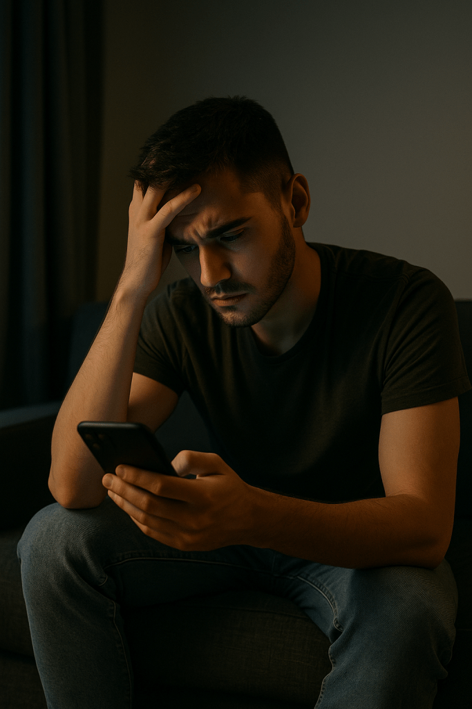 Joven preocupado con camiseta oscura mirando su teléfono móvil mientras usa una app de citas en la oscuridad.