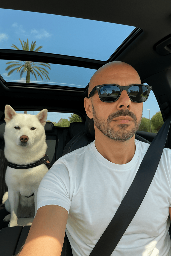 Hombre conduciendo con perro blanco sentado detrás, con techo solar abierto, promoviendo la conducción consciente.
