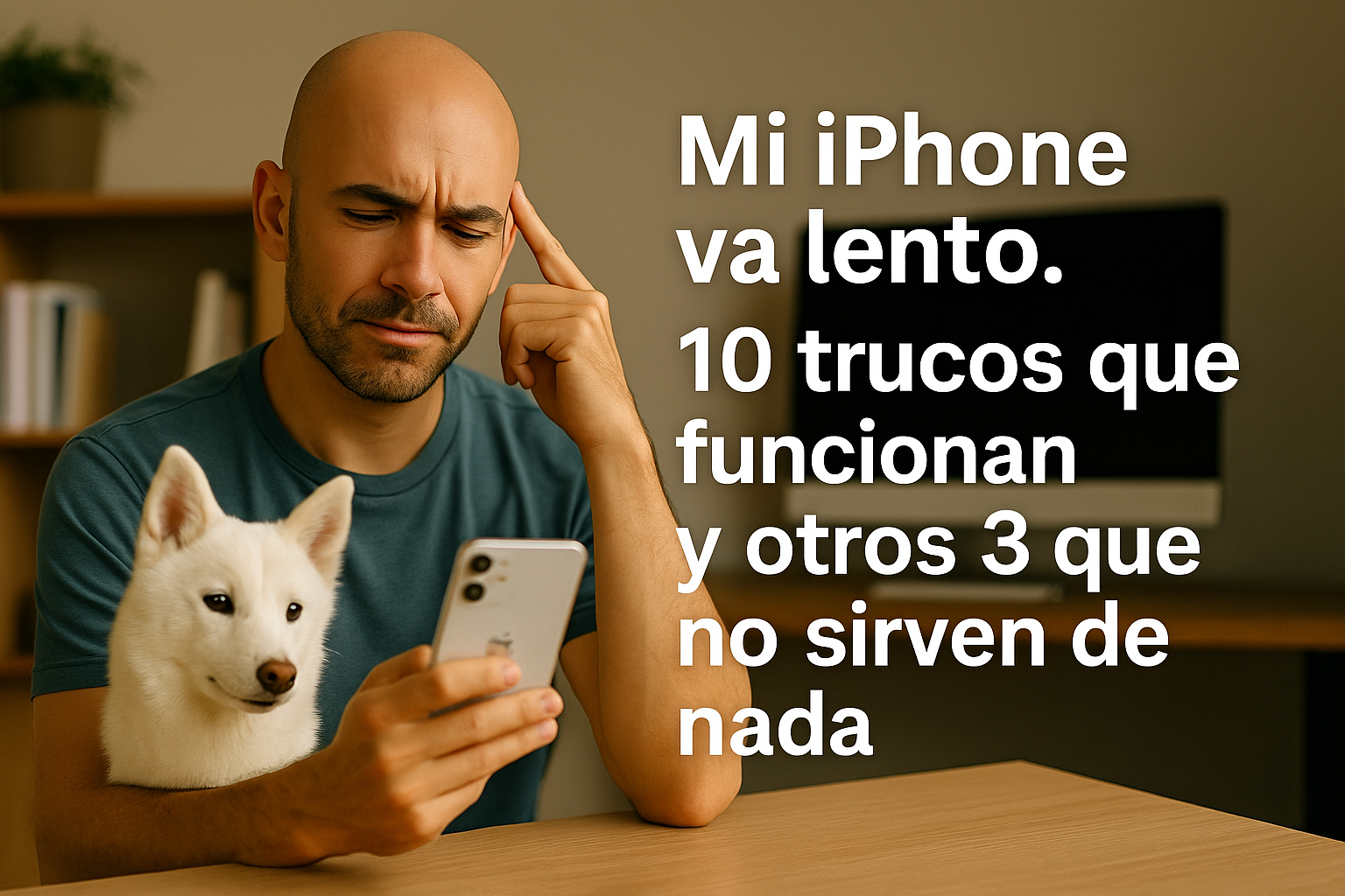 Hombre rapado con expresión preocupada mirando su iPhone, acompañado por un perro Shiba Inu blanco, sentado en una oficina. Texto sobre la imagen: “Mi iPhone va lento. 10 trucos que funcionan y otros 3 que no sirven de nada”.