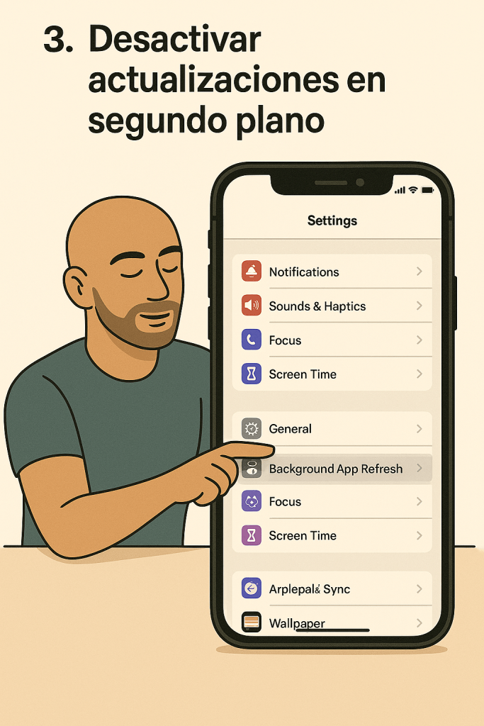 Ilustración : Hombre rapado enseñando con su dedo como desactivar las actualizaciones en segunda plano, iOS Apple