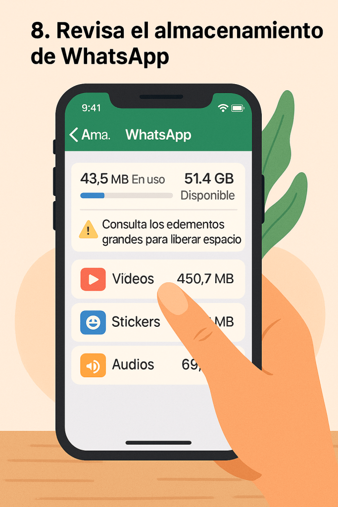 Captura de pantalla de la sección de almacenamiento de WhatsApp en un iPhone, mostrando el uso de espacio por vídeos, stickers y audios, con un mensaje que invita a liberar espacio.