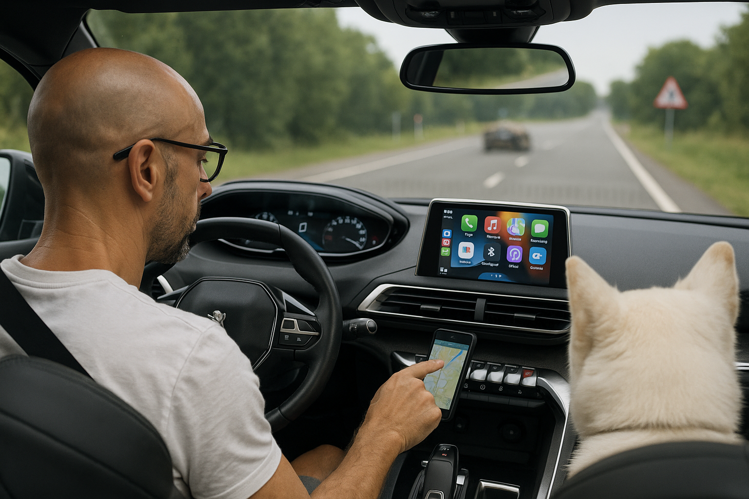 Hombre al volante tocando el móvil con CarPlay activo y perro en el asiento trasero, simbolizando distracción al conducir.