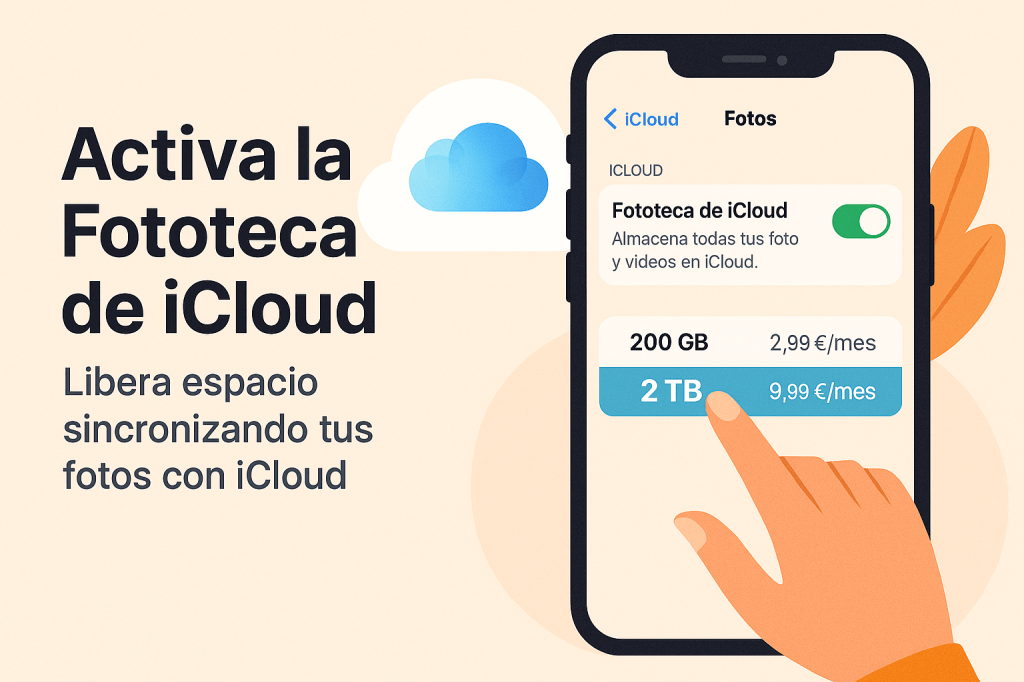 Ilustración que muestra un iPhone con la opción de activar la Fototeca de iCloud, resaltando planes de 200 GB y 2 TB para liberar espacio almacenando fotos y videos en la nube.