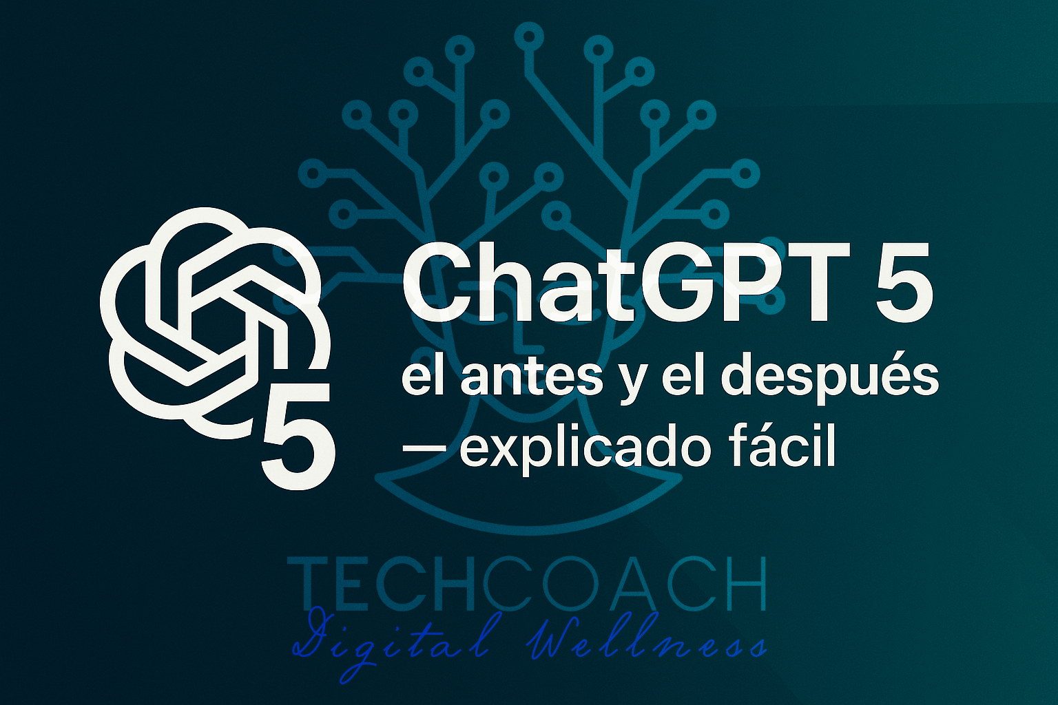 Logo de ChatGPT y número 5 sobre fondo verde azulado, con el título “ChatGPT 5: el antes y el después — explicado fácil”.