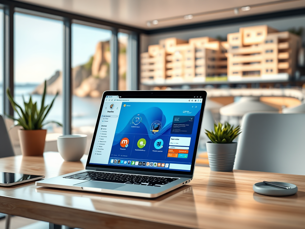 Mesa de trabajo con portátil abierto y teléfono móvil, con una planta y un gran ventanal al fondo que aportan luz y tranquilidad. Representa un entorno digital organizado y sin estrés.