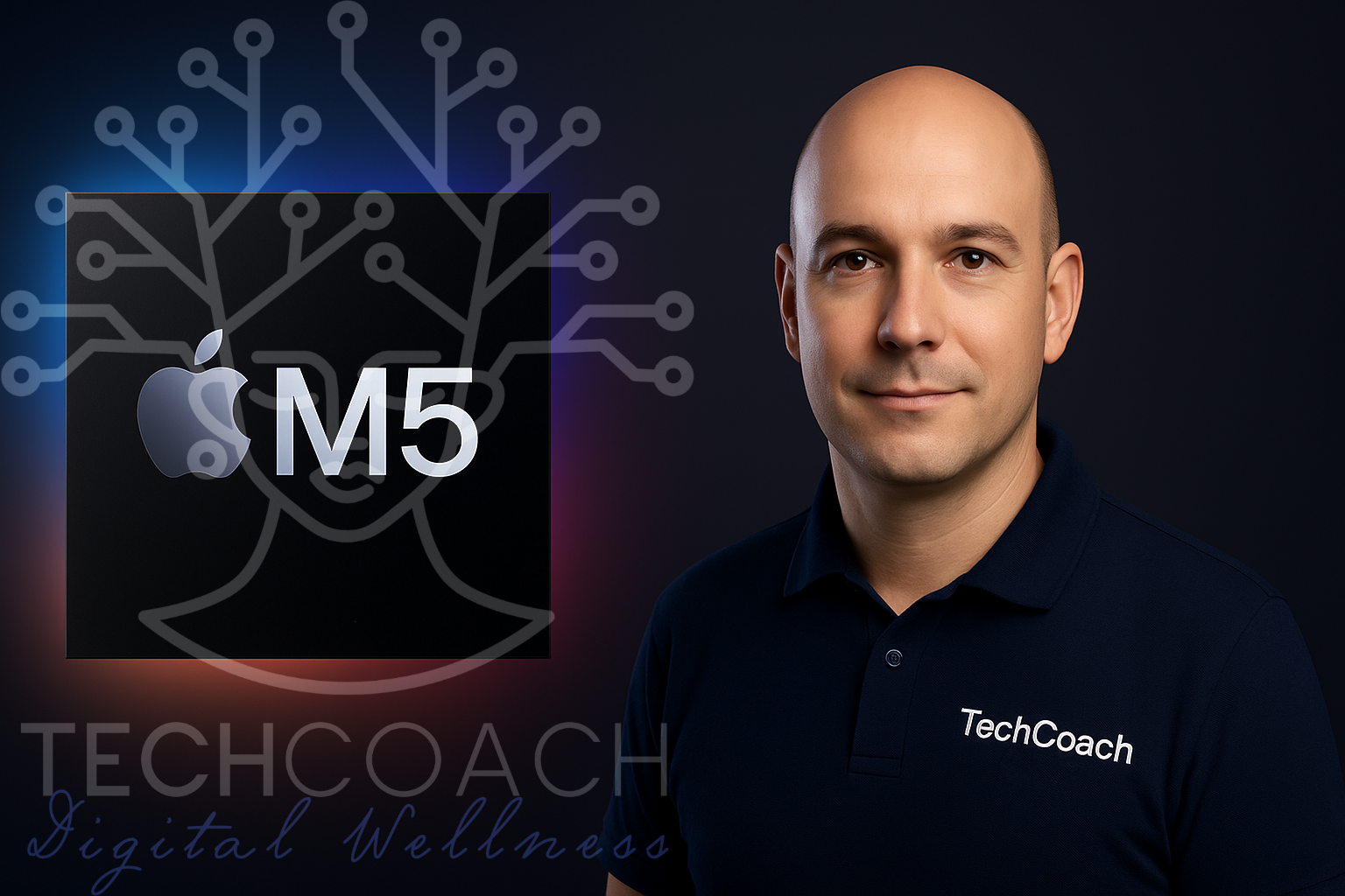 Ilustración digital de un hombre calvo con polo azul marino con el logotipo TechCoach Guru, de pie junto al chip Apple M5 sobre un fondo oscuro tipo “midnight gradient”. Imagen de portada para el artículo sobre el nuevo MacBook Pro e iPad Pro M5 en Marbella y Estepona.
