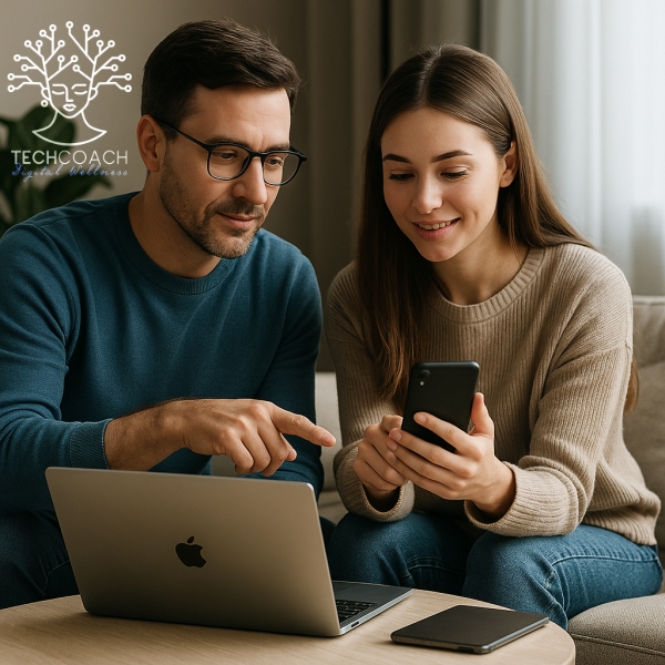 Pareja joven aprendiendo a usar su ordenador portátil con la ayuda de TechCoach Guru, acompañamiento digital personalizado en Marbella.