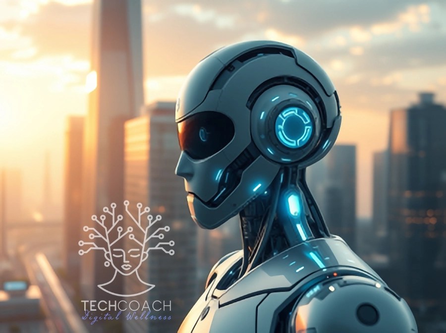 Ilustración de un robot humanoide observando la ciudad al atardecer, símbolo de la inteligencia artificial en 2026 y de la necesidad de comprender la IA para vivir protegidos y con bienestar digital. Techcoach Guru Marbella Costa del Sol