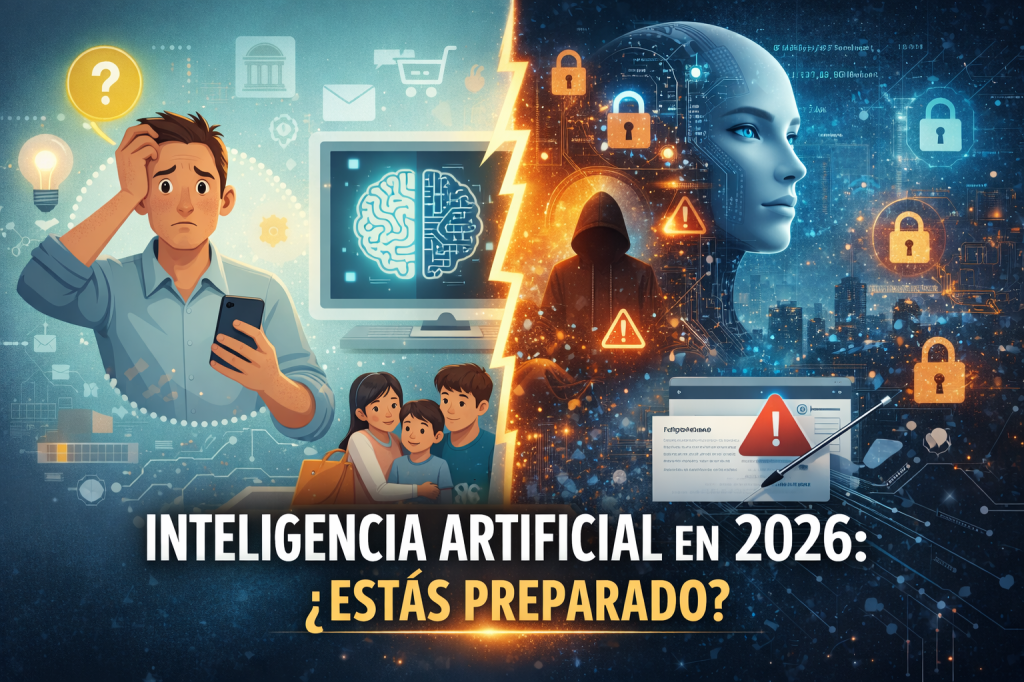Imagen ilustrativa sobre la inteligencia artificial en 2026. Representa el avance de la IA y su impacto en la vida cotidiana, la seguridad digital y el bienestar personal. Esta imagen acompaña un artículo de TechCoach Guru que explica por qué no conocer la inteligencia artificial hoy nos deja desprotegidos y cómo empezar a usarla de forma sencilla, consciente y sin estrés. Cyril Techcoach Marbella costa del sol