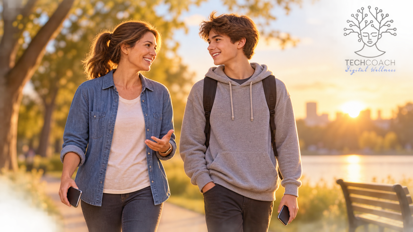 Adolescente y madre miran juntos las estadísticas del uso del móvil y conversan sobre sus notificaciones.