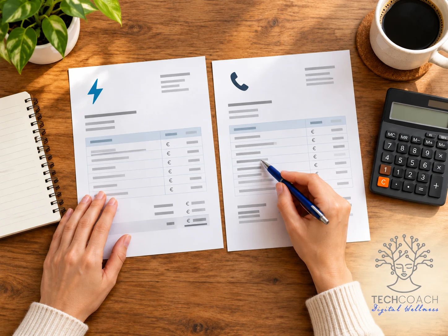 Dos facturas ficticias de luz y teléfono sobre una mesa, con calculadora y bolígrafo