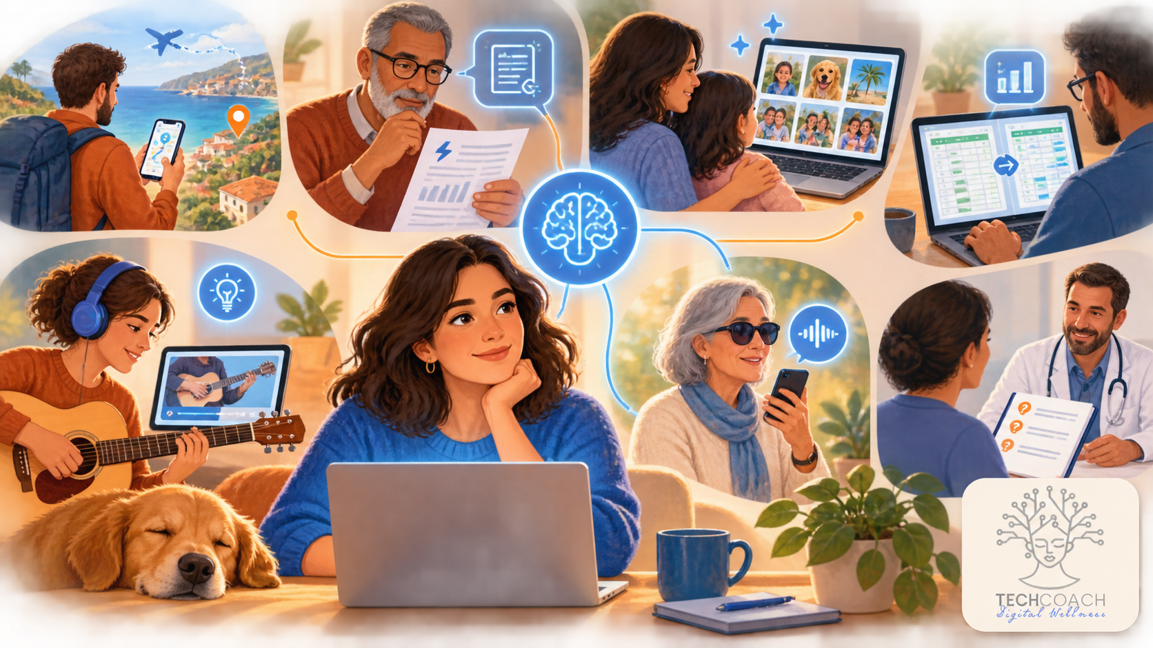 Collage de personas que utilizan la inteligencia artificial para aprender, organizar fotos, analizar datos y planificar tareas con TechCoach Guru.